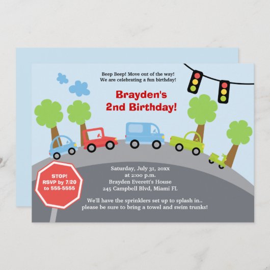 Zoomzoom auto's Aangepaste uitnodiging voor geboor (Voorkant / Achterkant)