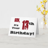 Zoon 13e verjaardag groet in zwart, rood, wit. kaart (Gele Bloem)