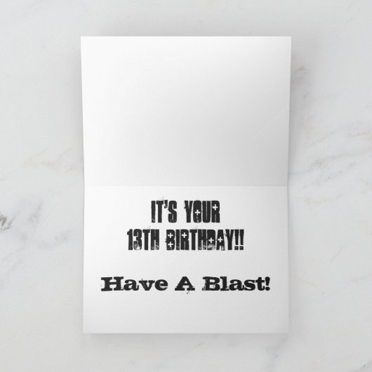 Zoon 13e verjaardag, wit, blauw en zwart. kaart (Binnen)