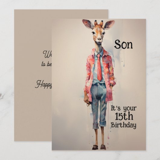 Zoon 15e verjaardag Abstracte Giraffe Feestdagenkaart (Voorkant / Achterkant)