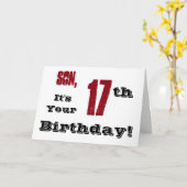 Zoon 17e verjaardag groet in zwart, rood, wit. kaart (Gele Bloem)