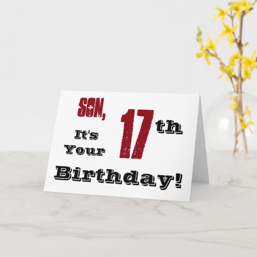 Zoon 17e verjaardag groet in zwart, rood, wit. kaart (Gele Bloem)