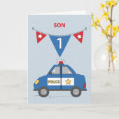 Zoon 1 Birthday Blue Police Car Kaart (Gele Bloem)