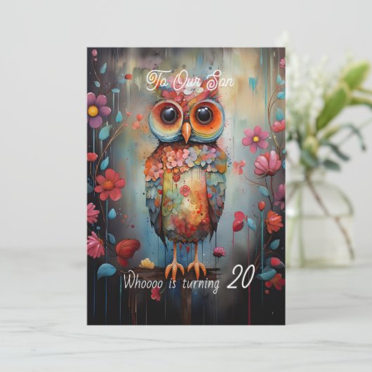 Zoon 20e verjaardag Abstracte Uil Feestdagenkaart (Staand voorkant)