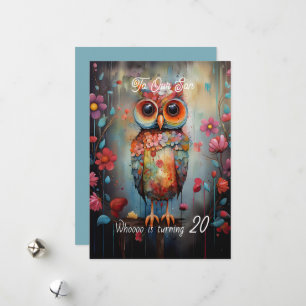 Zoon 20e verjaardag Abstracte Uil Feestdagenkaart