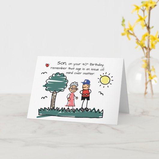 Zoon 40ste verjaardag Humoristische Stick Figures Kaart (Gele Bloem)
