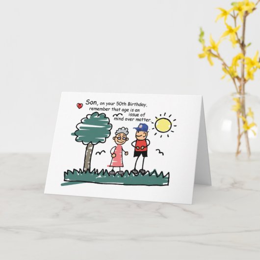 Zoon 50e verjaardag Humoristische Stick Figures Kaart (Gele Bloem)