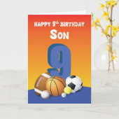Zoon 9e verjaardag sport ballen kaart (Gele Bloem)