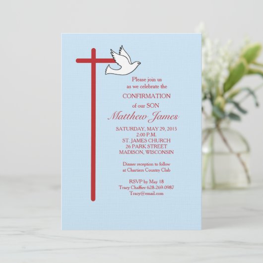 Zoon bevestiging kruis duif blauw kaart (Staand voorkant)