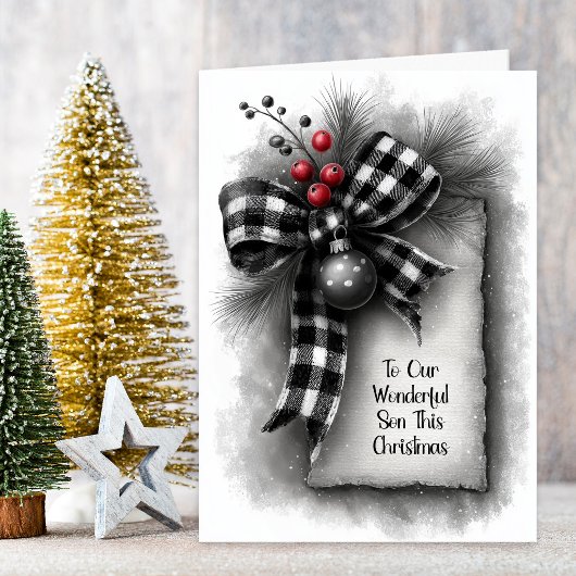 Zoon Buffalo Plaid Strik Kerstmis Feestdagen Kaart