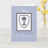 Zoon, eerste communie, blauw en zilver kaart (Gele Bloem)