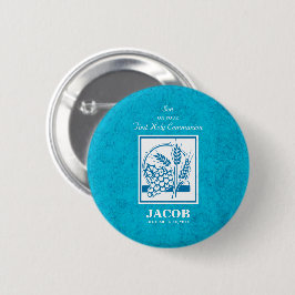 Zoon, Eerste Communie, Tarwe, Blauwe Druiven Ronde Button 5,7 Cm