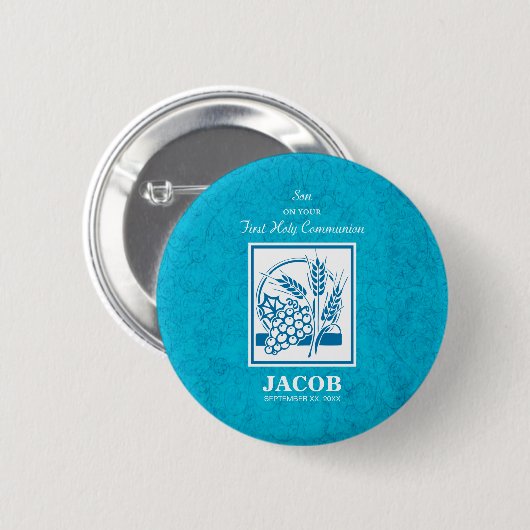 Zoon, Eerste Communie, Tarwe, Blauwe Druiven Ronde Button 5,7 Cm (Voorkant /achterkant)
