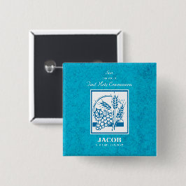 Zoon, Eerste Communie, Tarwe, Blauwe Druiven Vierkante Button 5,1 Cm