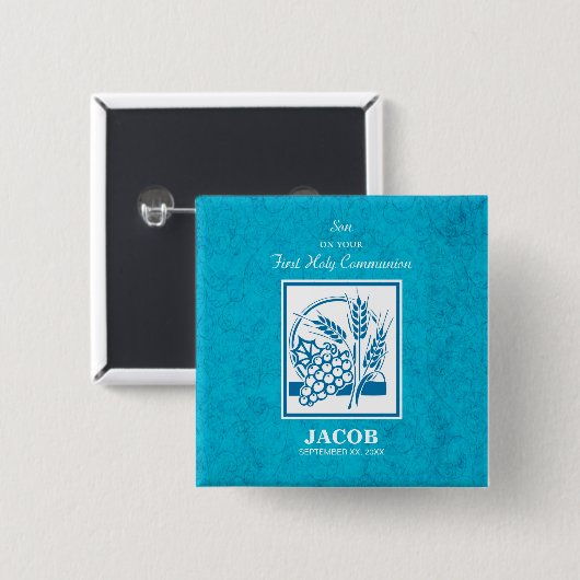 Zoon, Eerste Communie, Tarwe, Blauwe Druiven Vierkante Button 5,1 Cm (Voorkant /achterkant)