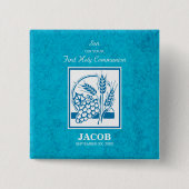 Zoon, Eerste Communie, Tarwe, Blauwe Druiven Vierkante Button 5,1 Cm (Voorkant)