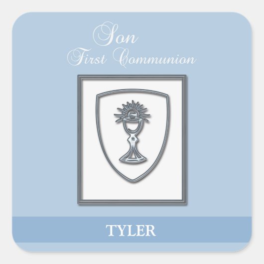 Zoon, Eerste Communie Zilveren Kelk Vierkante Sticker (Voorkant)