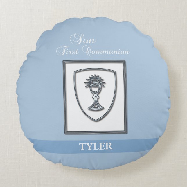 Zoon, eerste communiqué, zilveren Chalice Rond Kussen (Voorkant)