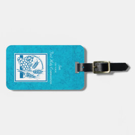 Zoon, eerste gemeenschap, tarwe, druiven blauw bagagelabel