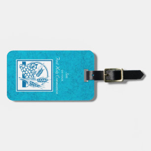 Zoon, eerste gemeenschap, tarwe, druiven blauw bagagelabel