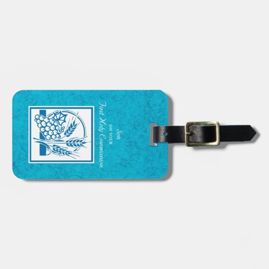 Zoon, eerste gemeenschap, tarwe, druiven blauw bagagelabel (Voorkant horizontaal)