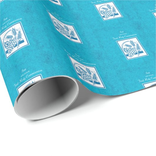 Zoon, eerste gemeenschap, tarwe, druiven blauw cadeaupapier (Rol Hoek)