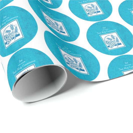 Zoon, eerste gemeenschap, tarwe, druiven blauw cadeaupapier (Rol Hoek)