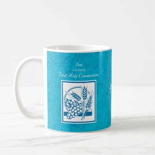 Zoon, eerste gemeenschap, tarwe, druiven blauw koffiemok (Links)