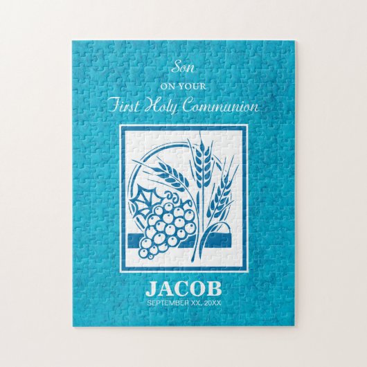 Zoon, eerste gemeenschap, tarwe, druiven blauw legpuzzel (Verticaal)