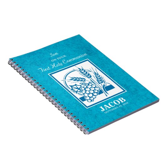 Zoon, eerste gemeenschap, tarwe, druiven blauw notitieboek (Rechterzijde)