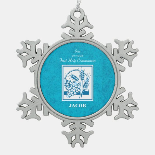 Zoon, eerste gemeenschap, tarwe, druiven blauw tin sneeuwvlok ornament (Voorkant)