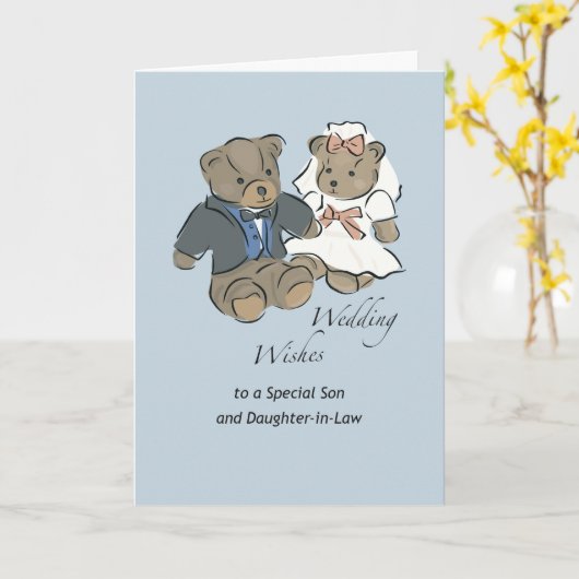 Zoon en dochter in de wet Teddy Bear bruiloft wens Kaart (Gele Bloem)