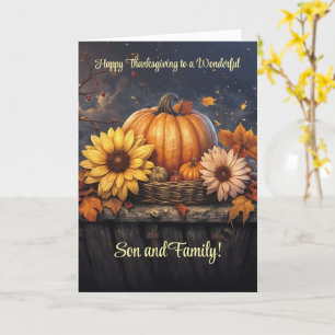 Zoon en familie Thanksgiving met Bloemen Pompoenen Kaart