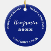 Zoon foto en naam marine blauw kerst keramisch ornament (Achterkant)