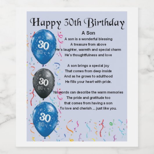 Zoon Gedicht Wijnflesje Label - 30e Verjaardag Wijn Etiket (Enkel label)