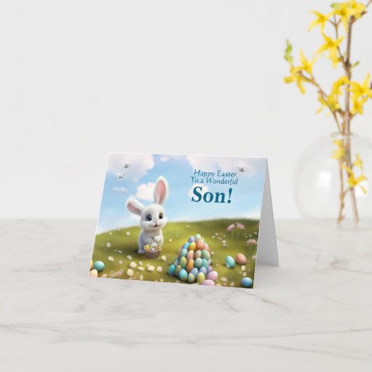 Zoon Gelukkig Pasen Schattig Konijn  Kaart (Gele Bloem)