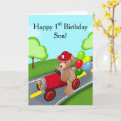Zoon Gelukkige 1e Verjaardag Teddybeer in Vuurtruc Kaart (Gele Bloem)