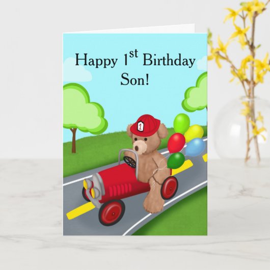 Zoon Gelukkige 1e Verjaardag Teddybeer in Vuurtruc Kaart (Gele Bloem)