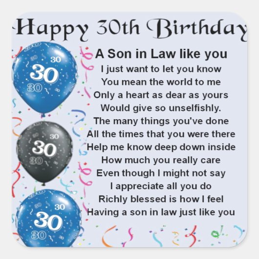 Zoon in Law Poem - 30th Birthday Vierkante Sticker (Voorkant)