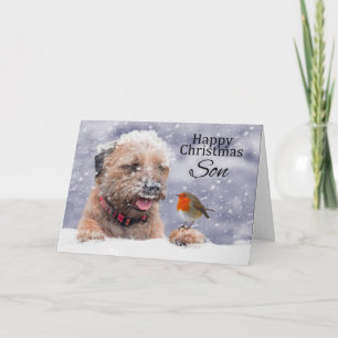 Zoon, kerst, Border Terrier hond in de sneeuw Feestdagen Kaart