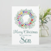 Zoon kleurrijke kerst krans feestdagenkaart (Staand voorkant)