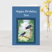 Zoon van Birthday - Stellar Jay Bird, Natuur, wild Kaart (Gele Bloem)