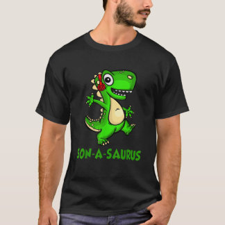 Zoon van een Saurus familie Saurus dinosaurus over T-shirt