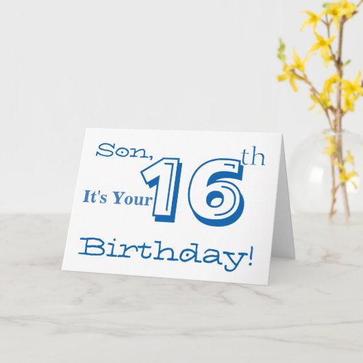 Zoon's 16e verjaardag groet in blauw en wit. kaart (Gele Bloem)