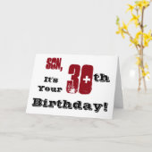 Zoon's 30ste verjaardag groet in zwart, rood, wit. kaart (Gele Bloem)