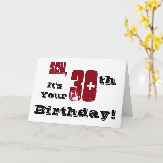Zoon's 30ste verjaardag groet in zwart, rood, wit. kaart (Gele Bloem)