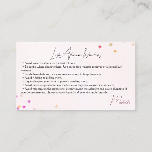 Zorginstructies voor Sparkly Lashes Star Glitter Visitekaartje (Achterkant)