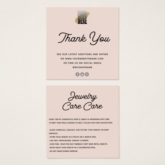 Zorgkaart Hartelijk dank voor logo Blush Vierkante Visitekaartjes (Voorkant /achterkant)