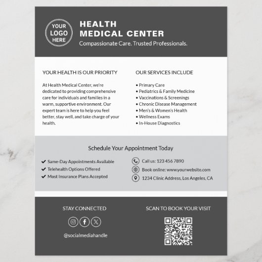 Zorgkliniek Dokter Aangepast Logo QR-code Grijs Flyer (Voorkant)