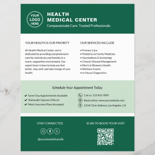 Zorgkliniek Dokter Aangepast Logo QR Code Groen Flyer (Voorkant)